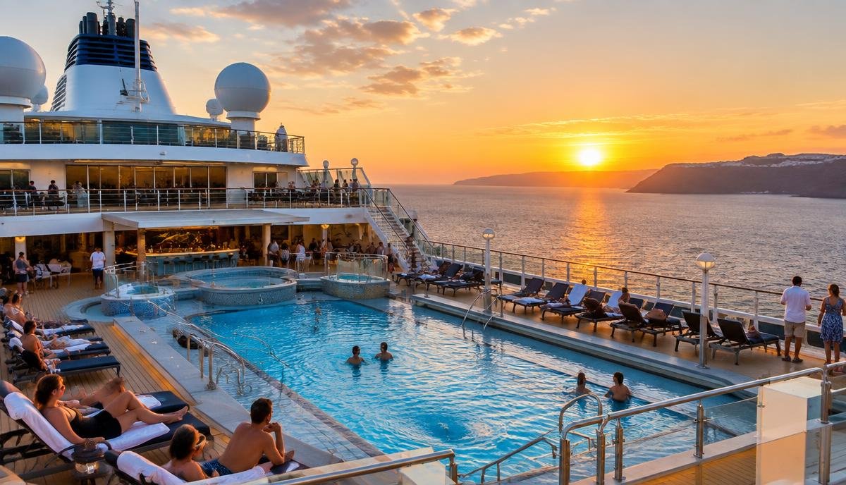 Despedida de soltera en crucero: cubierta con piscina al atardecer