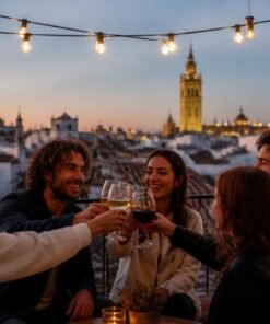 Brindis de amigas en una azotea de Madrid al atardecer