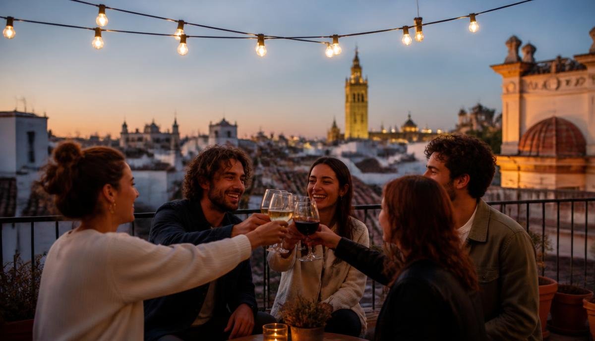Brindis de amigas en una azotea de Madrid al atardecer