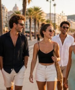 Grupo de amigos paseando por el paseo maritimo de Barcelona