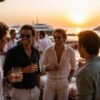 Grupo de amigos celebrando una despedida de soltero en un beach club de Marbella