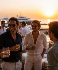 Grupo de amigos celebrando una despedida de soltero en un beach club de Marbella