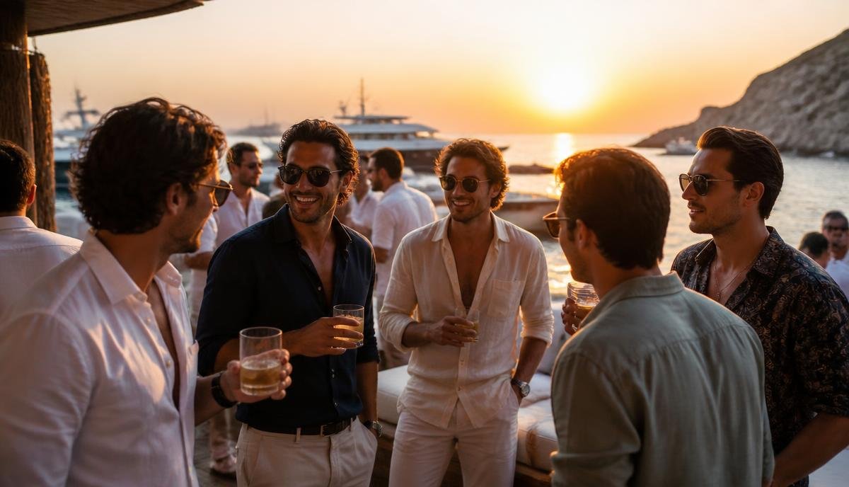 Grupo de amigos celebrando una despedida de soltero en un beach club de Marbella