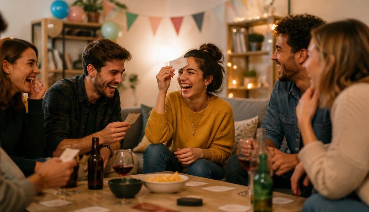 Amigas riendo mientras juegan a un juego de despedida de soltera