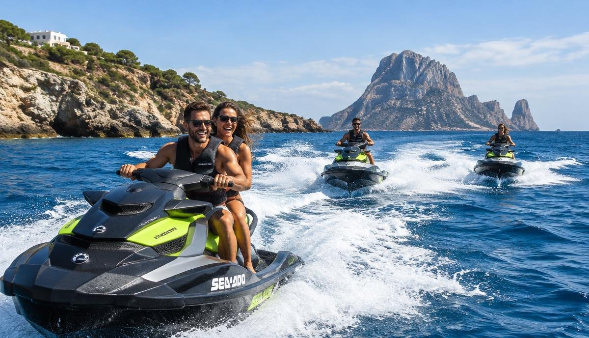 Grupo en motos de agua frente a Es Vedrà en Ibiza
