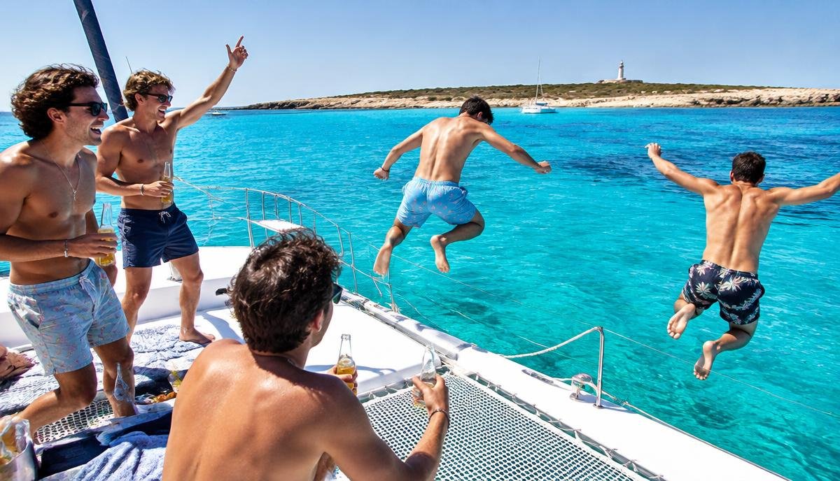 Amigos saltando al mar desde un catamarán en Formentera