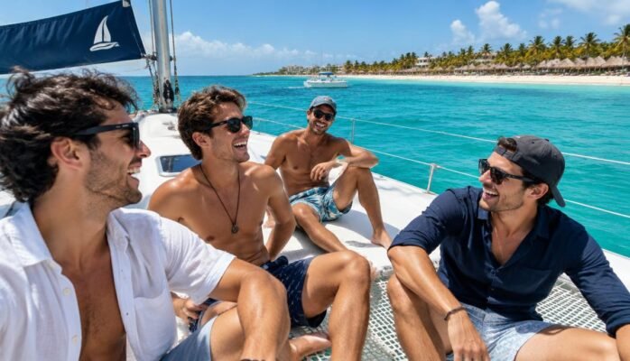 Grupo de amigos en catamarán durante su despedida de soltero en Playa del Carmen