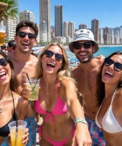 Grupo de amigos de fiesta en la playa de Benidorm