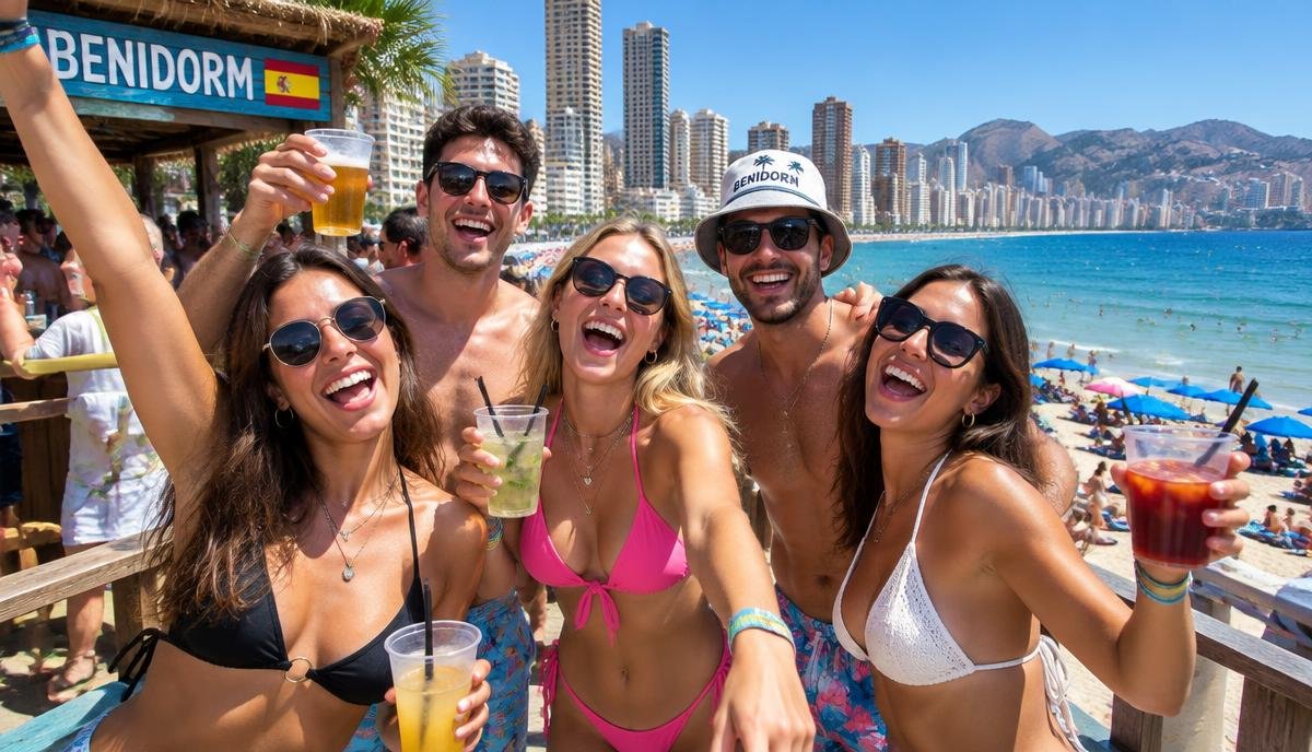 Grupo de amigos de fiesta en la playa de Benidorm