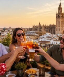 Grupo brindando en una azotea de Sevilla con la Giralda