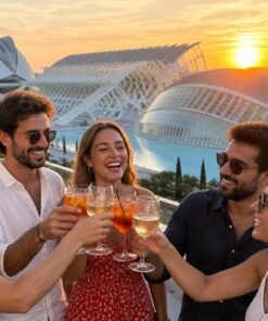 Grupo celebrando una despedida en Valencia al atardecer