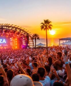 Fiesta al aire libre al atardecer en un club de Ibiza