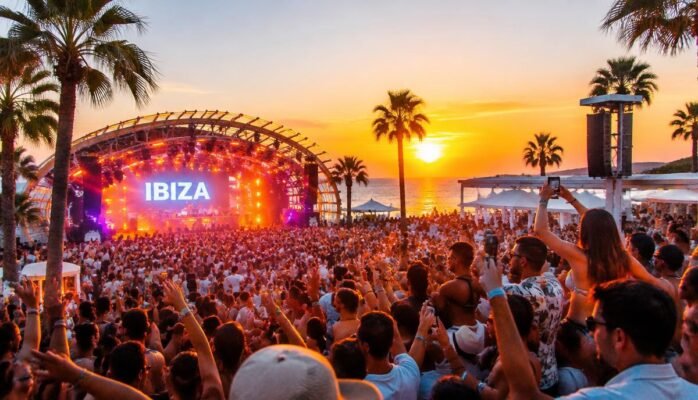 Fiesta al aire libre al atardecer en un club de Ibiza