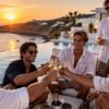 Grupo de amigos brindando en una villa con piscina en Ibiza al atardecer