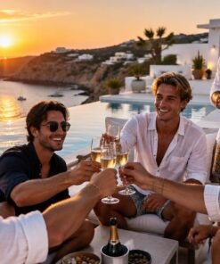 Grupo de amigos brindando en una villa con piscina en Ibiza al atardecer