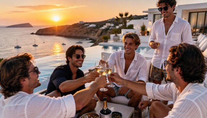 Grupo de amigos brindando en una villa con piscina en Ibiza al atardecer