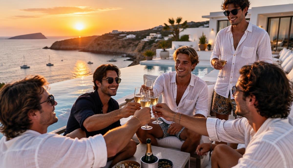 Grupo de amigos brindando en una villa con piscina en Ibiza al atardecer